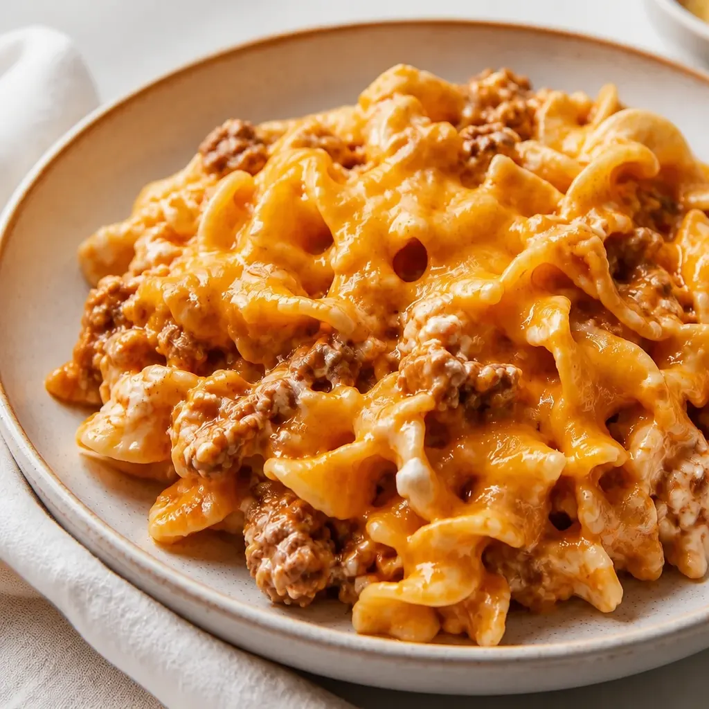 Beefy Sour Cream Noodle Bake close-up view