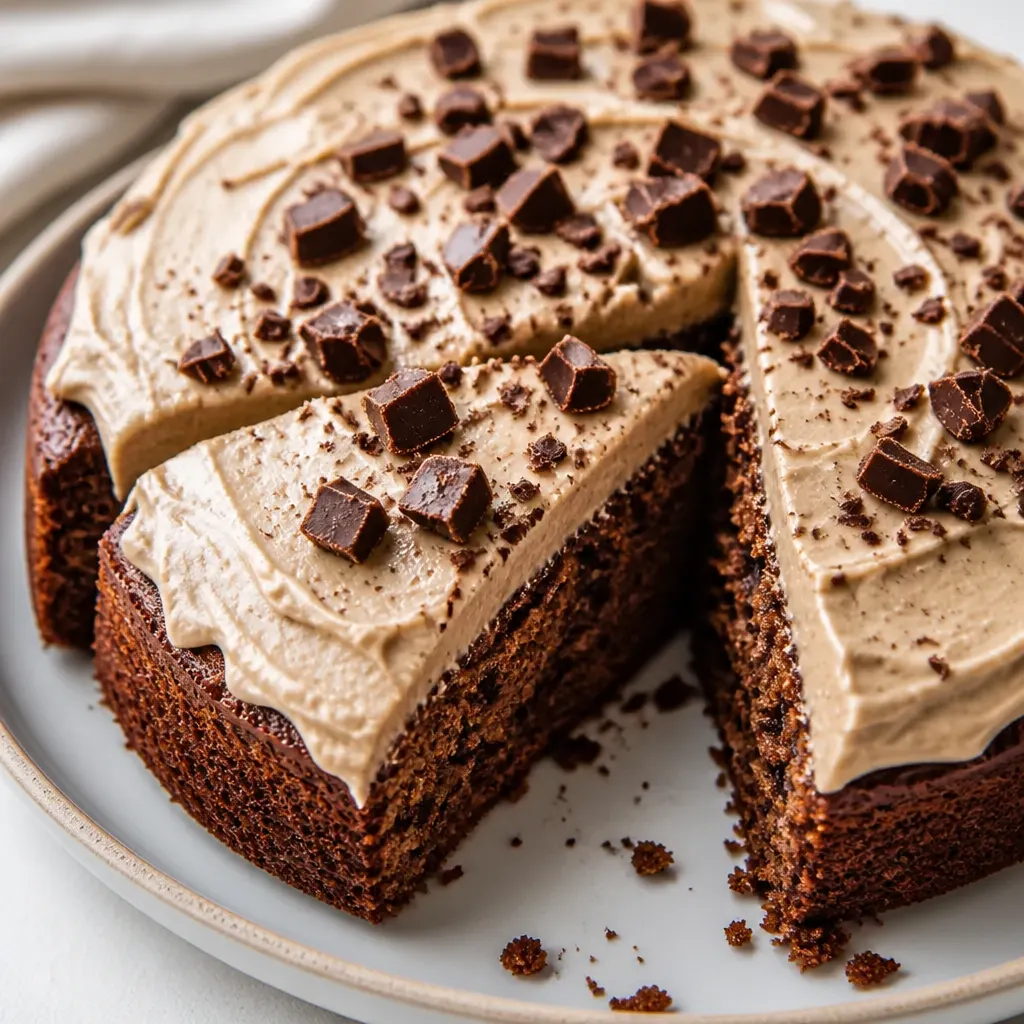 Chocolate Zucchini Banana Cake with Vanilla Coffee Frosting close-up view