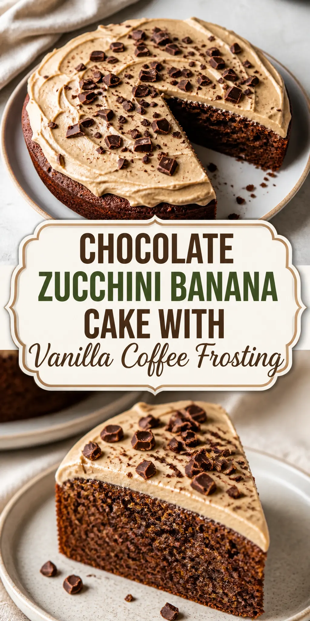 Chocolate Zucchini Banana Cake with Vanilla Coffee Frosting Pinterest pin