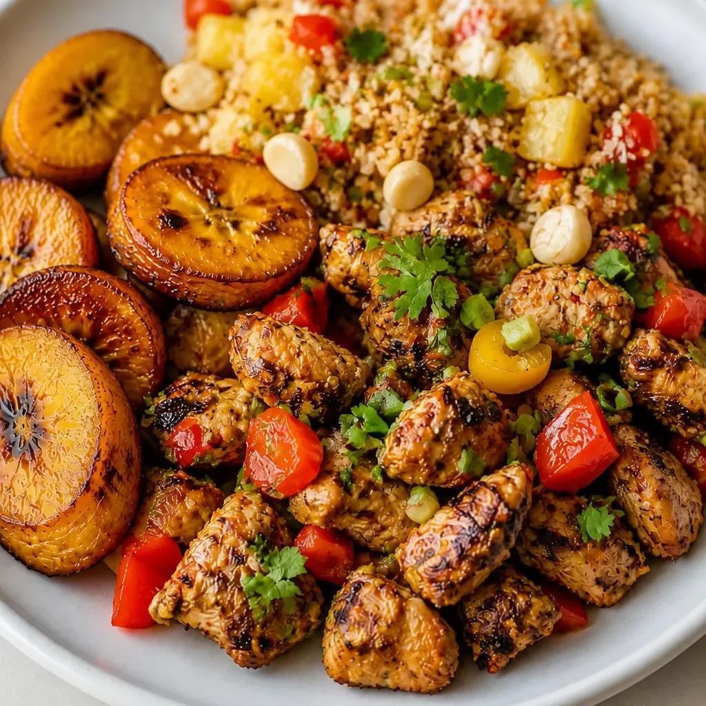 Jamaican Jerk Chicken with Coconut Fried Quinoa, Fried Plantains & Macadamia Nuts close-up view