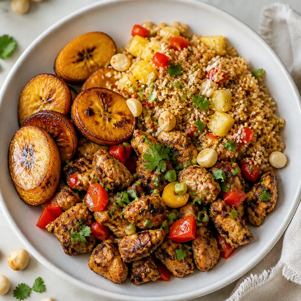 Jamaican Jerk Chicken with Coconut Fried Quinoa, Fried Plantains & Macadamia Nuts