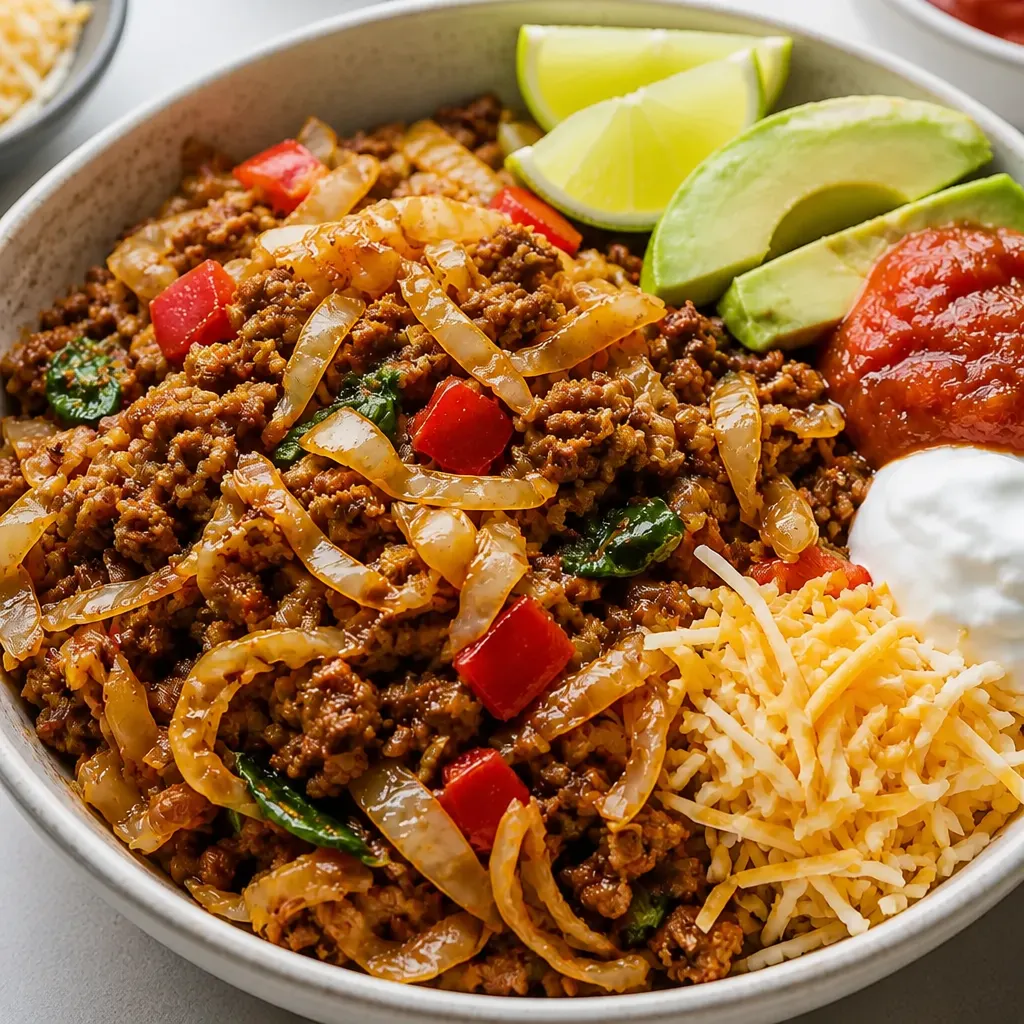 Mexican-Inspired Ground Beef and Cabbage Bowls close-up view