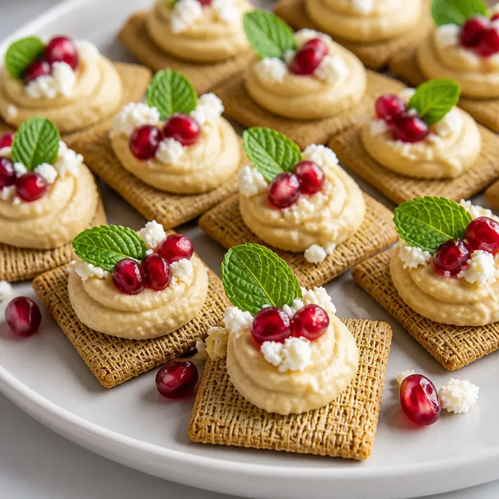 Pomegranate Feta Hummus Triscuit Canapés close-up view
